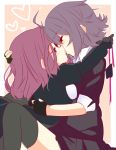  2girls ahoge eyepatch eyepatch_removed fingerless_gloves gloves haruta_(806060) heart hug kantai_collection kiss multiple_girls no_headwear personification purple_hair red_eyes redhead saliva short_hair tatsuta_(kantai_collection) tenryuu_(kantai_collection) thighhighs tongue yellow_eyes yuri 