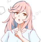  1girl brown_eyes finger_to_chin ivolay long_hair open_mouth original pentagon_(shape) pink_hair solo white_background 