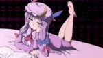  1girl argyle argyle_background barefoot blurry book bow breasts crescent feet hair_bow hand_on_own_cheek hat highres long_hair lying on_stomach patchouli_knowledge purple_hair reading solo tenkomori_(bug_kura) touhou 