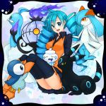  1girl ace_trainer_(pokemon) altaria alternate_legwear blue_eyes blue_hair blue_legwear boots chandelure drill_hair highres kirlia knee_boots long_hair npc piplup pleated_skirt pokemon pokemon_(creature) pokemon_(game) pokemon_bw prinplup sitting skirt small_breasts smile taisa_(szkomc) thighhighs twin_drills umbreon vanillite 