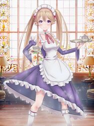  1girl apron cup detached_sleeves elf highres itaru_chokusha jug long_hair maid myuseru_foaran outbreak_company plate pointy_ears twintails violet_eyes 