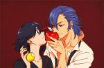  1boy 1girl apple blue_hair food fruit kill_la_kill lemon matoi_ryuuko mikisugi_aikurou multicolored_hair two-tone_hair 
