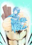  1girl ;p anivia blue_hair blue_skin breasts chocolate food glass harpy highres ice_cream kneeling league_of_legends monster_girl nam_(valckiry) parfait personification red_eyes shiny shiny_skin short_hair snowflakes talons tongue tongue_out wafer wings wink 