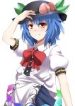  1girl alternate_hair_length alternate_hairstyle blue_hair blush bow e.o. food fruit hand_on_hat hat highres hinanawi_tenshi leaf peach puffy_short_sleeves puffy_sleeves red_eyes short_hair short_sleeves smile solo tagme touhou white_background 