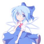  1girl blue_dress blue_eyes blue_hair blush bow cirno do_(4-rt) dress hair_bow hand_on_own_chest ice ice_wings looking_at_viewer pout puffy_sleeves shirt short_sleeves simple_background solo tears touhou white_background wings 