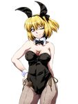  1girl alternate_costume animal_ears bare_shoulders between_breasts blonde_hair blush bow bowtie breasts bunnysuit cleavage detached_collar fishnet_pantyhose fishnets hair_bow kurodani_yamame large_breasts lighter ootsuki_wataru pantyhose rabbit_ears short_hair simple_background smile solo touhou white_background wink yellow_eyes 