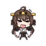  &gt;_&lt; 1girl ahoge boots brown_hair chibi double_bun hair_ornament hairband ine_(karategoukun) kantai_collection kongou_(kantai_collection) long_hair nontraditional_miko personification pleated_skirt skirt solo thigh_boots thighhighs white_background 