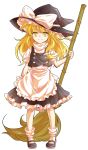  1girl apron black_dress blonde_hair bow braid broom dairi dress hat hat_bow kirisame_marisa long_hair looking_at_viewer puffy_sleeves shirt short_sleeves simple_background single_braid solo touhou turtleneck waist_apron white_background witch_hat yellow_eyes 