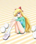  1girl aino_minako bishoujo_senshi_sailor_moon blonde_hair blue_eyes bow buruma hair_bow highres kinfuji knee_pads leg_hug long_hair solo volleyball volleyball_uniform 