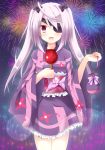  blush eyepatch fireworks grey_hair infinite_stratos laura_bodewig long_hair red_eyes yukata 