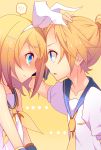  1boy 1girl bare_shoulders blonde_hair blue_eyes blush brother_and_sister embarrassed eye_contact hair_ornament hair_ribbon hairclip highres kagamine_len kagamine_rin looking_at_another necktie open_mouth ribbon sailor_collar short_hair siblings tears temari_(deae) twins vocaloid 