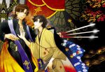  2boys black_hair black_keys brown_hair cross cross_necklace emiya_kiritsugu fate/zero fate_(series) himuro_s japanese_clothes jewelry kimono kotomine_kirei multiple_boys necklace priest 