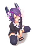  and breasts cleavage eyepatch gloves headgear kantai_collection large_breasts necktie purple_hair school_uniform short_hair skirt squatting tenryuu_(kantai_collection) thighhighs yellow_eyes zettai_ryouiki 