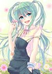  1girl absurdres aqua_eyes flower green_hair hand_in_pocket hatsune_miku highres long_hair looking_at_viewer nail_polish solo strap_slip suspenders twintails vocaloid yami_(m31) 
