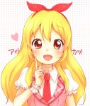  1girl aikatsu! blonde_hair blush heart hoshimiya_ichigo long_hair looking_at_viewer necktie open_mouth red_eyes smile solo you-1110 