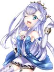  1girl aqua_eyes bracelet crown elbow_gloves gloves hand_on_hip jewelry long_hair looking_at_viewer open_mouth outbreak_company petrarca_ann_erudanto_iii purple_hair ribbon shoulderless_dress solo thighhighs wink you-ki 