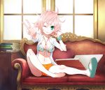  1girl barefoot couch green_eyes kujou_non navel open_clothes open_shirt original pink_hair sandals short_hair shorts single_shoe sitting solo v wink 