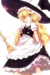  1girl apron bloomers bow broom grin hat hat_bow kiira kirisame_marisa long_hair looking_at_viewer puffy_sleeves shirt short_sleeves skirt skirt_set smile solo touhou underwear very_long_hair vest waist_apron witch_hat yellow_eyes 