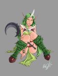  1girl alternate_costume breasts choker crescent green_eyes green_hair green_sclera grey_background highres hooves horn knees_together_feet_apart league_of_legends lips long_hair pink_skin pointy_ears signature sitting sleeveless smile solo soraka ssalsin tattoo wand 
