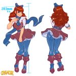  1girl ass belt bliss_barson blue_eyes blush boots bow breasts brown_hair concept_art cryamore curly_hair dress dress_tug earrings eyeshadow hair_bow hairband jewelry long_hair makeup mole pants pantyhose revision robert_porter scarf smile solo vertical_stripes 