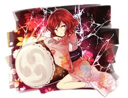  1girl alternate_costume drum horikawa_raiko instrument japanese_clothes kimono mitsudomoe_(shape) nail_polish obi open_mouth red_eyes redhead short_hair smile socks solo tomoe_(symbol) touhou uranaishi_(miraura) white_legwear 