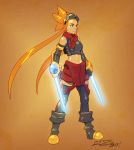  1girl alternate_costume arm_blade bare_shoulders black_legwear boots breastplate cryamore cryamore_condenser dual_wielding elbow_gloves energy_blade esmyrelda_maximus freckles gloves goggles goggles_on_head highres long_hair midriff navel orange_eyes orange_hair overalls payot robaato scarf shorts signature solo spiky_hair striped striped_legwear thighhighs vertical-striped_legwear vertical_stripes weapon 