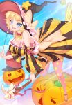  1girl blonde_hair blue_eyes breasts broom broom_riding cleavage detached_sleeves dress halloween hat highres jack-o&#039;-lantern large_breasts lucknight original pumpkin short_hair solo star thighhighs vertical_stripes wand witch_hat zettai_ryouiki 