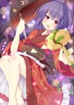  1girl ahoge barefoot blush bowl headwear_removed japanese_clothes kimono lavender_hair light_particles looking_at_viewer mallet needle obi open_mouth red_eyes short_hair sky solo star_(sky) starry_sky sukuna_shinmyoumaru thread touhou ura1011 