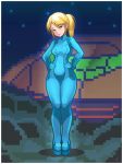  1girl blonde_hair blue_eyes bodysuit hands_on_hips lips long_hair louistrations metroid pixelated ponytail samus_aran skin_tight small_breasts solo thigh_gap zero_suit 