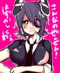  1girl anger_vein blush breasts eyepatch fang haruta_(806060) headgear kantai_collection looking_at_viewer necktie open_mouth personification purple_hair short_hair sketch solo tenryuu_(kantai_collection) torn_clothes yellow_eyes 