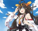  1girl :d blue_eyes blush brown_hair clouds detached_sleeves double_bun hairband hao_(patinnko) japanese_clothes kantai_collection kongou_(kantai_collection) long_hair long_sleeves looking_at_viewer open_mouth personification skirt sky smile solo wide_sleeves 