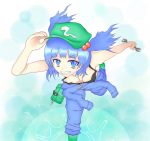  1girl :d aqua_eyes bare_shoulders blue_eyes blue_hair boots breasts cleavage clothes_around_waist crop_top grin hair_bobbles hair_ornament hand_on_headwear hat jewelry kawashiro_nitori key key_necklace looking_at_viewer open_mouth pants rubber_boots running screwdriver shirt shirt_around_waist short_hair smile solo tank_top tool_kit touhou twintails wrench 