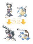  1girl black_hair blastoise blue_eyes braid crossover kantai_collection long_hair mega_pokemon parody personification pokemon school_uniform serafuku shigure_(kantai_collection) solo translated white_background 