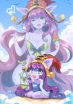  1girl :3 bikini breasts cleavage clouds dakun fang heart heart_print league_of_legends long_hair lulu_(league_of_legends) pointy_ears popsicle purple_hair side-tie_bikini smile solo swimsuit twintails very_long_hair watermelon_bar wink 