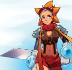  1girl arm_behind_back bandana breasts cleavage crop_top cryamore cryamore_condenser detached_sleeves esmyrelda_maximus freckles gloves goggles goggles_on_head lips long_hair midriff navel neckerchief official_art orange_eyes orange_hair pauldrons payot robert_porter shorts solo spiky_hair suspenders sword weapon white_gloves 
