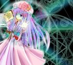  1girl aiming_at_viewer aura black_background book bow crescent double_bun dress greek hair_bow hexagram highres long_hair long_sleeves looking_at_viewer magic_circle mob_cap open_book open_hand patchouli_knowledge payot pentagram purple_hair robe shinon_ruku solo striped striped_dress touhou very_long_hair violet_eyes 