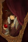  1girl alternate_costume animal_ears apple breasts brown_hair cleavage curtain_grab curtains drawfag elaborate_frame food frame fruit holding holo jewelry long_hair necklace red_eyes smile solo spice_and_wolf victorian wolf_ears 