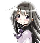  1girl akemi_homura black_hair blush bust hairband long_hair looking_at_viewer mahou_shoujo_madoka_magica smile solo u_u_(mooooooou) violet_eyes 