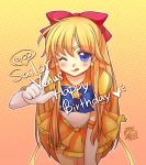  1girl ;p aino_minako bishoujo_senshi_sailor_moon blonde_hair blue_eyes bow choker cowboy_shot dated earrings elbow_gloves fch2009 gloves gradient gradient_background hair_bow half_updo happy_birthday heart jewelry leaning_forward long_hair magical_girl orange_background pointing sailor_senshi sailor_venus skirt solo speech_bubble tiara tongue tongue_out wink 