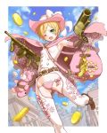  1girl bag belt blonde_hair blush boots cape chaps coin cowboy_hat detached_sleeves fang gloves green_eyes gun handgun hat highres k_do machine_gun messenger_bag midriff navel open_mouth original panties pink_panties revolver short_hair shoulder_bag smile solo stuffed_animal stuffed_toy teddy_bear underwear vest weapon western wink 