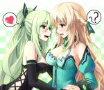  2girls blonde_hair blue_eyes breasts choujigen_game_neptune cleavage gayprince green_hair hair_ornament hakozaki_chika half_updo highres large_breasts long_hair multiple_girls open_mouth red_eyes speech_bubble vert 