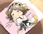  1girl animal_ears animalization blush boots chibi detached_sleeves dog_ears dog_tail hair_ornament hairband hiei_(kantai_collection) kantai_collection lowres nontraditional_miko personification pleated_skirt ribbon_trim short_hair skirt sleeping solo tail thigh_boots thighhighs wavy_mouth 