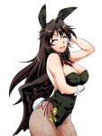  1girl ahoge alternate_costume animal_ears bare_shoulders black_hair blush bowtie breasts bunny_tail bunnysuit cleavage detached_collar fishnet_pantyhose fishnets large_breasts long_hair ootsuki_wataru pantyhose rabbit_ears reiuji_utsuho simple_background smile solo tail touhou white_background 