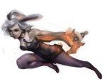  1girl alternate_costume animal_ears bare_shoulders breasts bunny_tail bunnysuit detached_collar high_heels jumping league_of_legends lips lipstick makeup necktie nose pantyhose rabbit_ears riven_(league_of_legends) seonga short_hair silver_hair solo sword tail weapon 