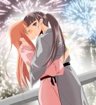  2girls absurdres aerial_fireworks artist_request black_hair blush closed_eyes couple fireworks handrail highres hug japanese_clothes kimono kiss long_hair looking_at_viewer minna-dietlinde_wilcke multiple_girls night ponytail redhead sakamoto_mio strike_witches yukata yuri 