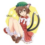  1girl animal_ears blush bow brown_eyes brown_hair cat_ears cat_tail chen dress ear_grab fang jewelry long_sleeves looking_at_viewer mob_cap nagijin open_mouth paw_pose paw_print red_dress shirt single_earring sitting smile solo tail touhou 