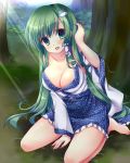 1girl adjusting_hair bare_shoulders breasts cleavage collarbone forest frog_hair_ornament green_eyes green_hair hair_ornament hayuki_hayu japanese_clothes kneeling kochiya_sanae large_breasts long_hair miko nature open_mouth snake_hair_ornament solo sunbeam sunlight touhou tree very_long_hair 