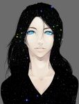  1girl blue_eyes collarbone grey_background hair_between_eyes lips long_hair original poaro signature solo space star starry_background v-neck 