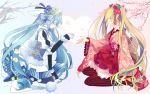  aqua_eyes aqua_hair cherry_blossoms dual_persona earmuffs hair_ornament hatsune_miku japanese_clothes kimono long_hair pantyhose petals sitting striped striped_legwear twintails vertical-striped_legwear vertical_stripes very_long_hair vocaloid 