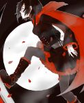  1girl black_hair boots cape corset full_moon grey_eyes kisechu moon pale_skin pantyhose ruby_rose rwby scythe short_hair skirt smile solo weapon 